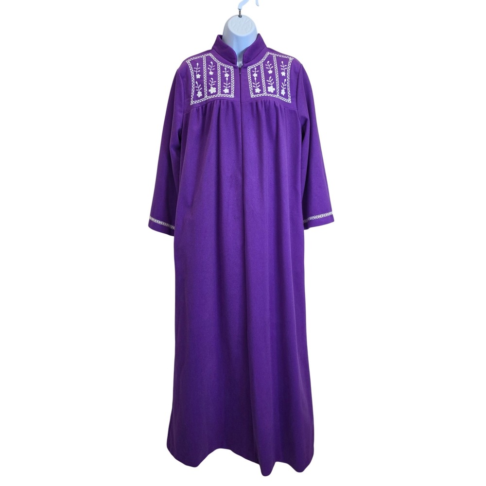 Nicole Wior Purple Embroidered Floral Terry Cloth Lounger Robe Gown L